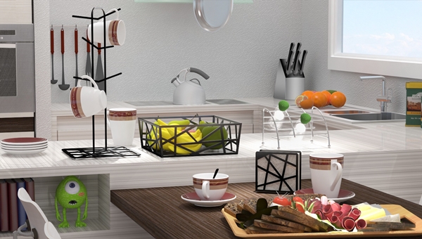 Kitchen with design products like utensil storage holder, countertop coffee Cup hanging rack, cookbook holder stand, tabletop napkin holder, condiment caddy